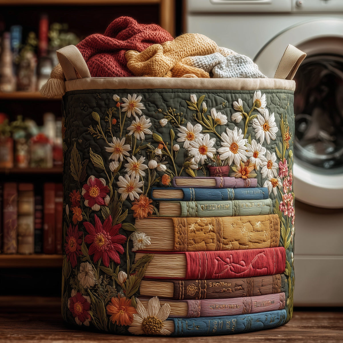 Botanical Bookshelf Quilted Laundry Basket Floral Book Stack Storage Basket Cute Gift