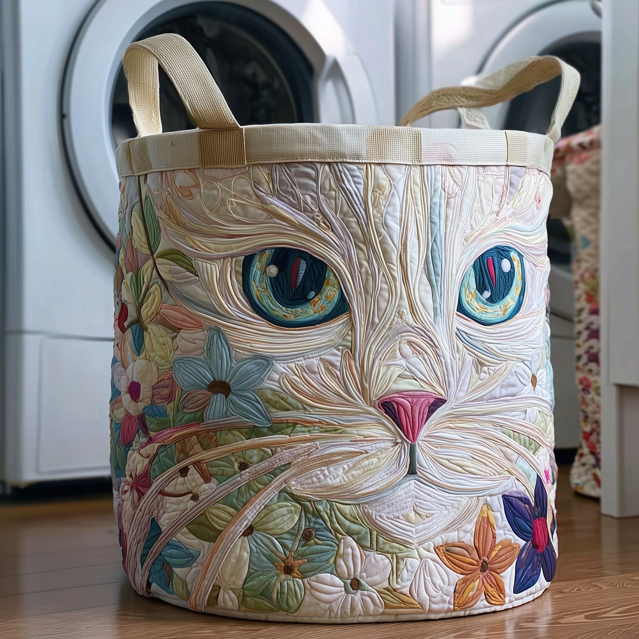 Floral Cat Face Quilted Laundry Basket Cat Lover Hamper Cool Room Decor Gifts