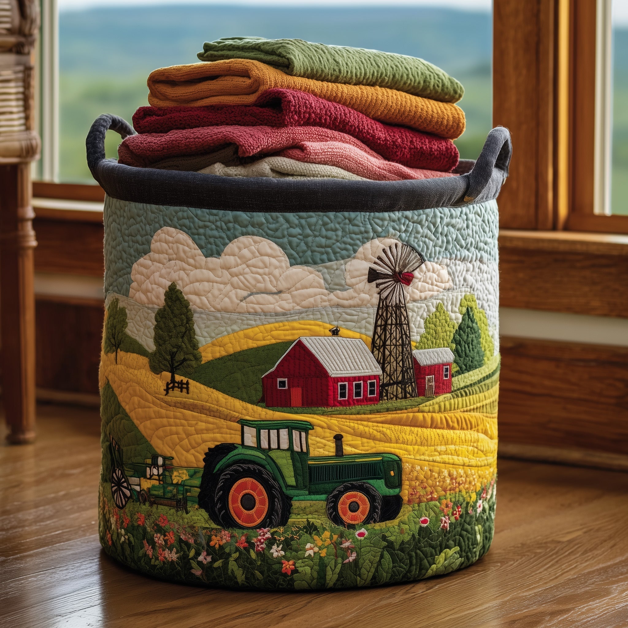 Farmstead Scene Quilted Laundry Basket Tractor Farm Scene Clothes Hamper Cozy Home Decor