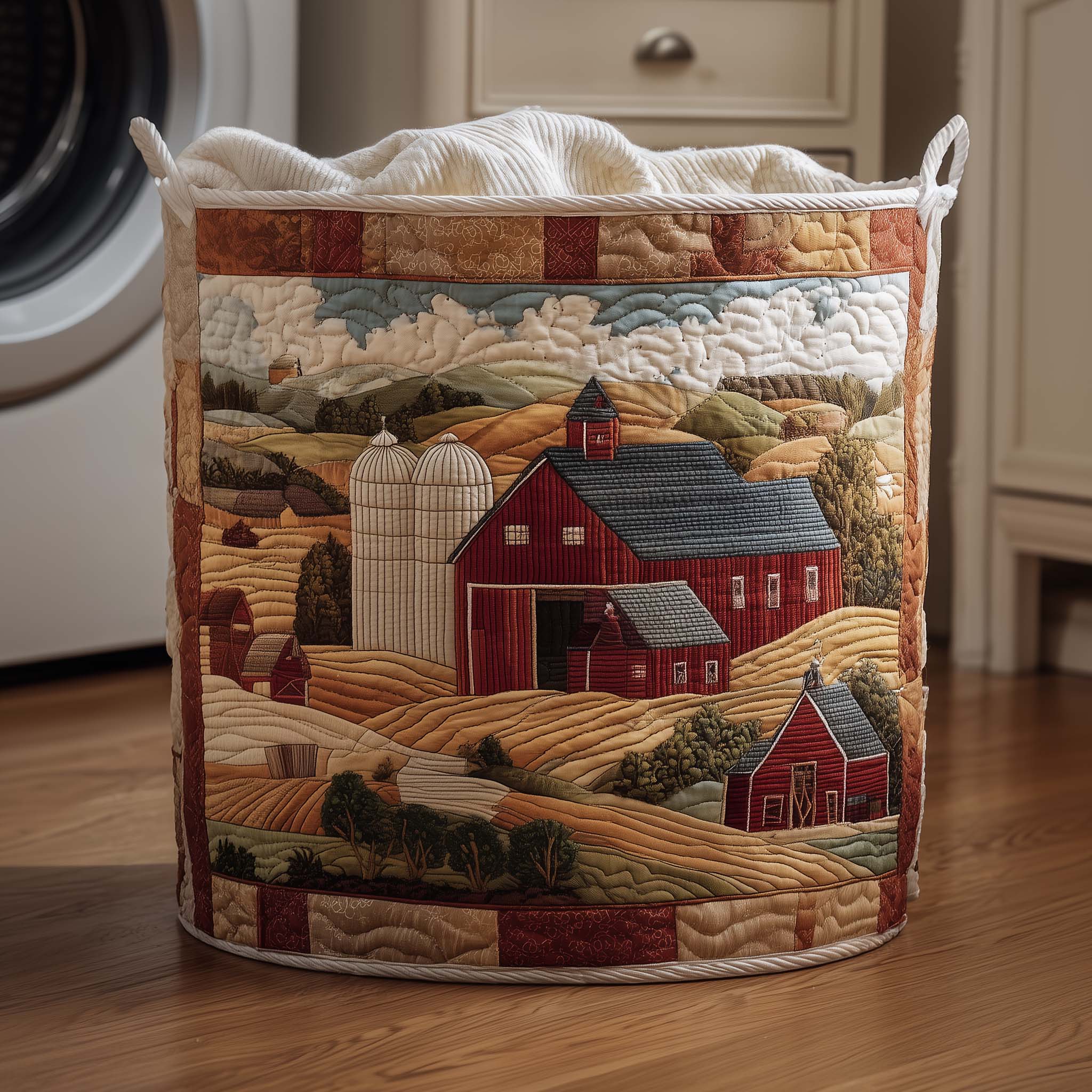 Farmstead Landscape Quilted Laundry Basket Barn Farm Scene Laundry Bin Presents For New Home