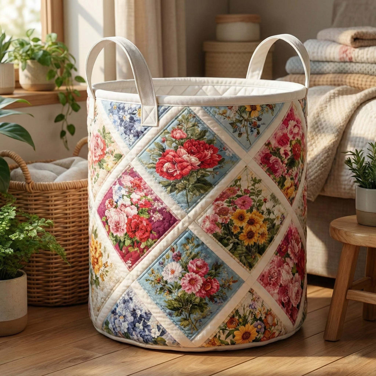 Diamond Patchwork Floral Quilted Laundry Basket Floral Patchwork Laundry Hamper Gift Ideas