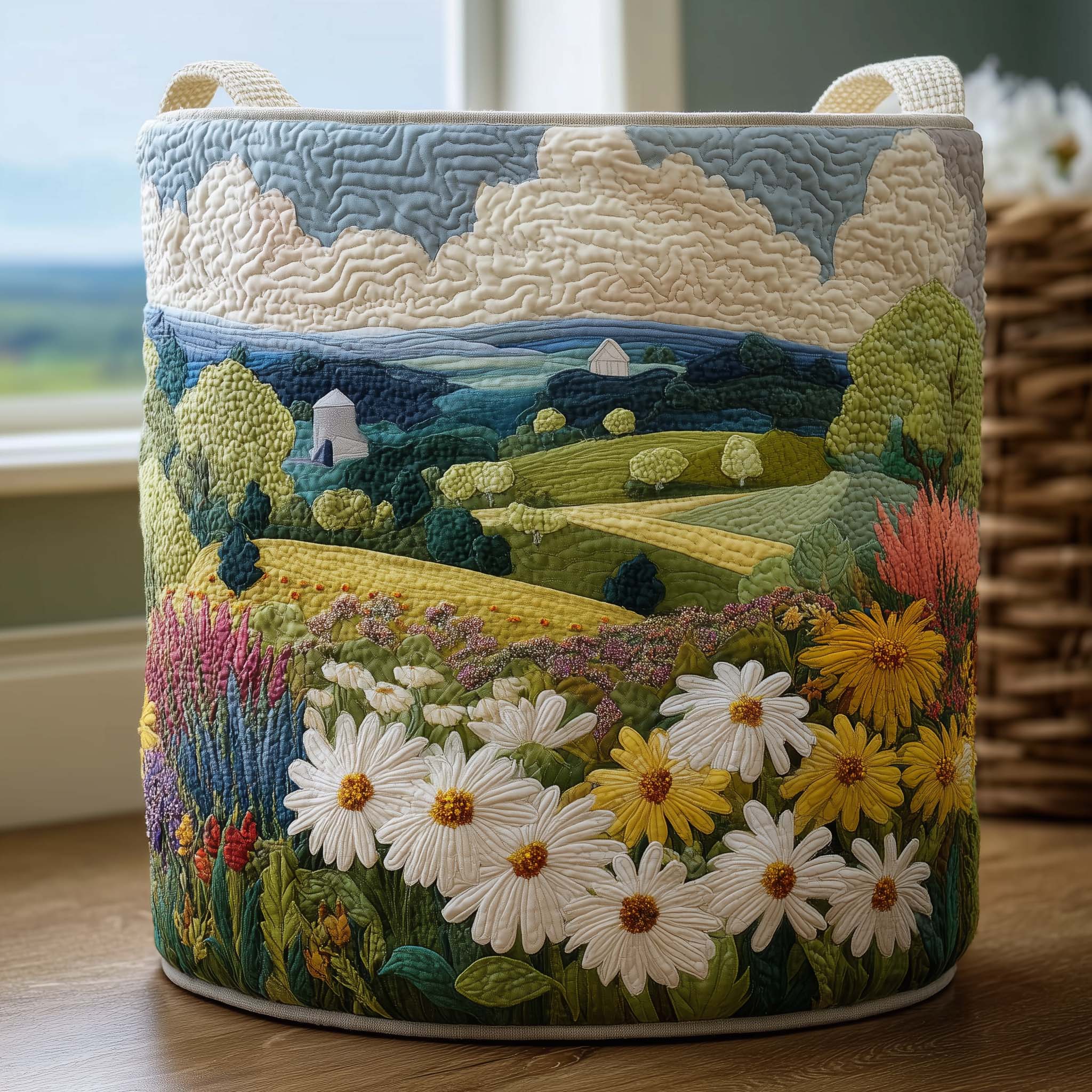 Daisy Wildflower Landscape Quilted Laundry Basket Floral Lands Laundry Hamper Gift For Her