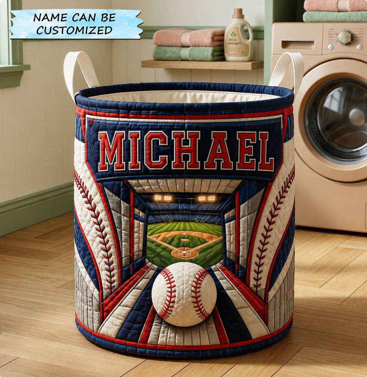 Custom Name Baseball Stadium Quilted Laundry Basket Baseball Lover Clothes Hamper Gift