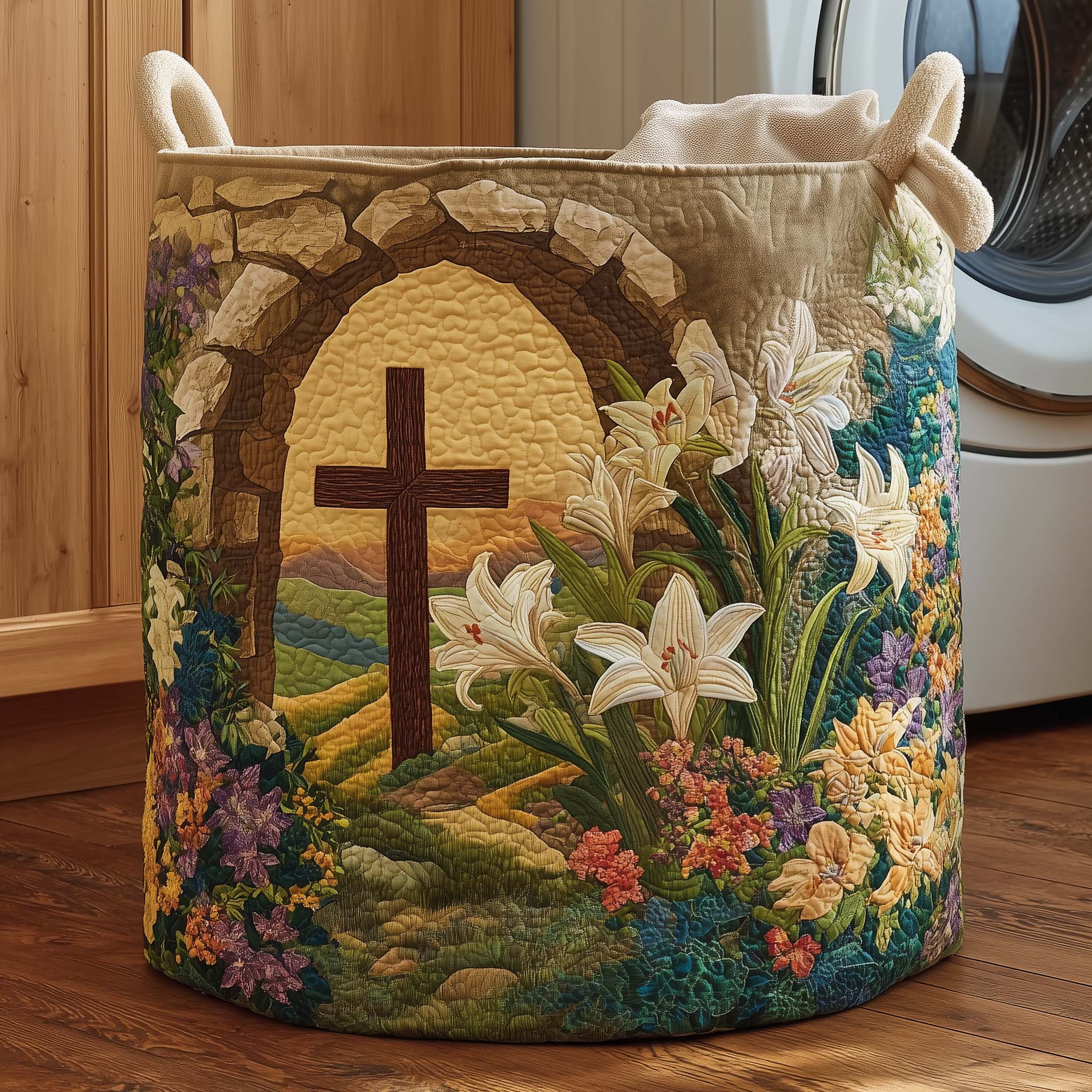 Easter Lily Cross Quilted Laundry Basket Cross And Lilies Hamper Gift For Mom Home Decor