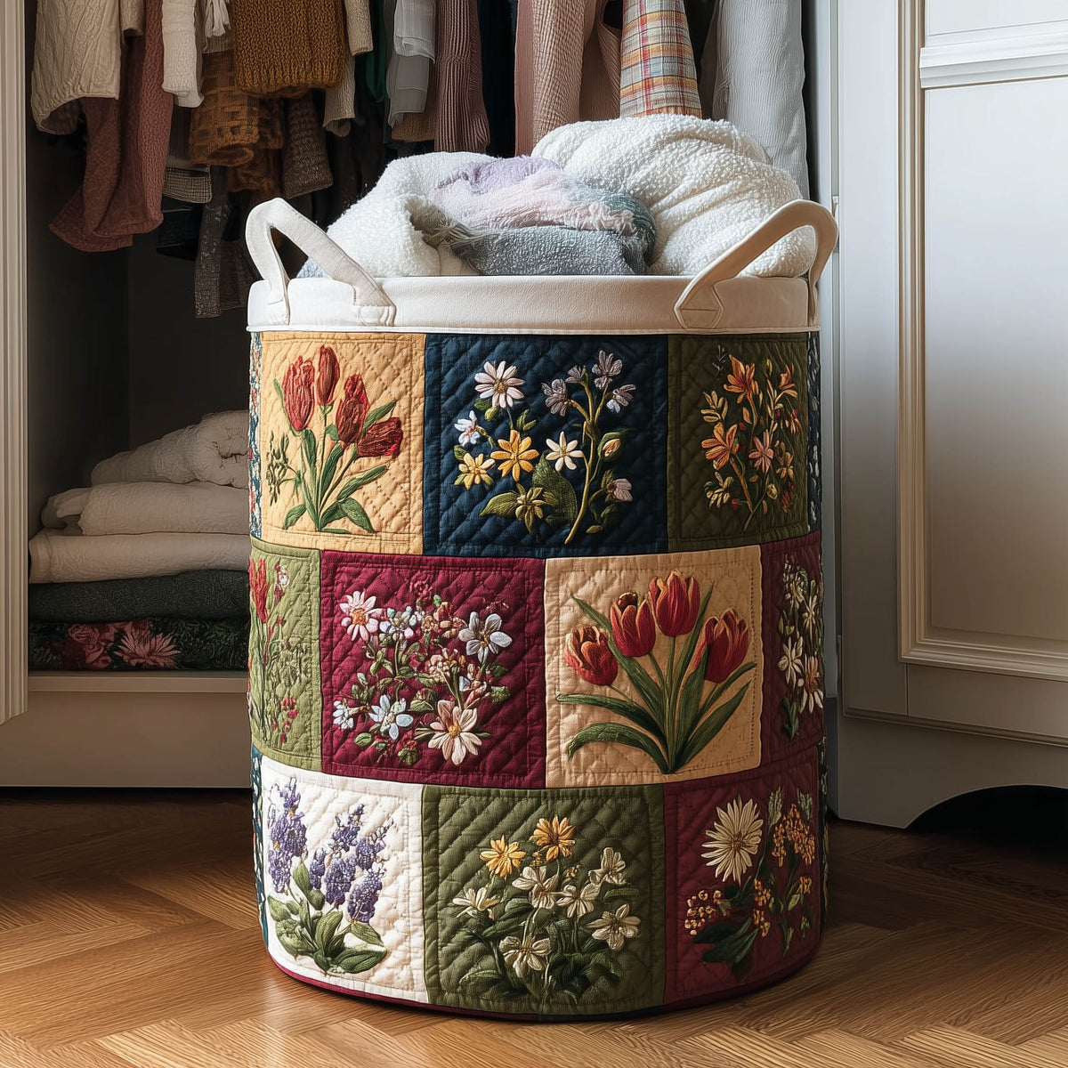 Botanical Garden Quilted Laundry Basket Floral Patchwork Clothes Hamper Gift For House Lover