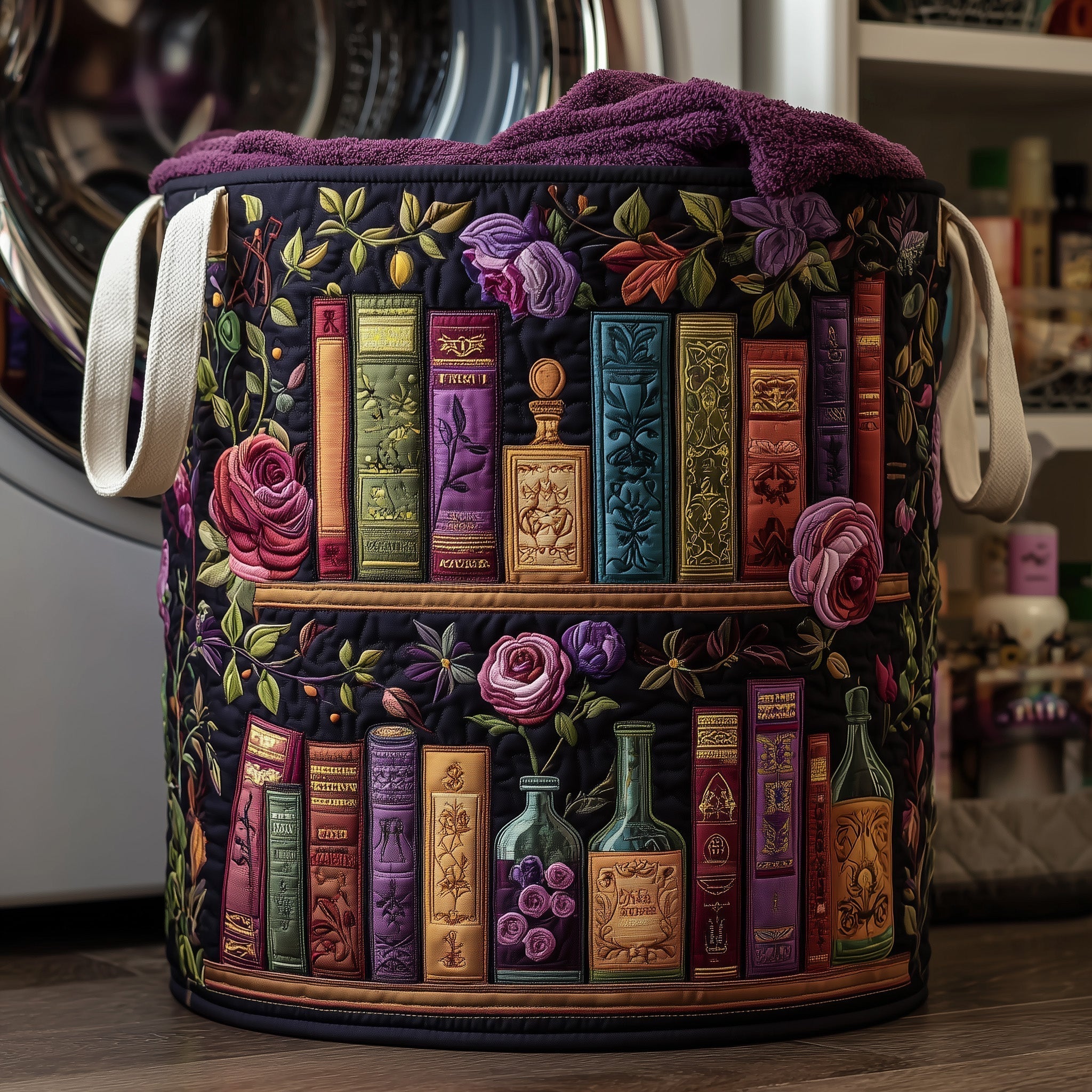Botanical Bookshelf Quilted Laundry Basket Book Lover Laundry Bin Home Gifts For Her