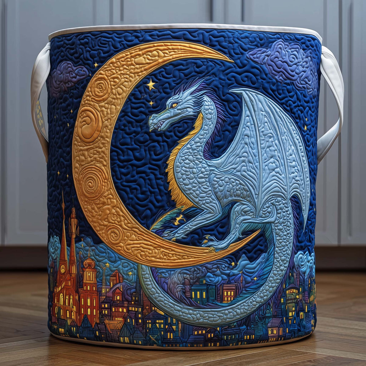 Dragon Moon City Quilted Laundry Basket Fantasy Dragon Storage Basket Unique Home Decor Gifts