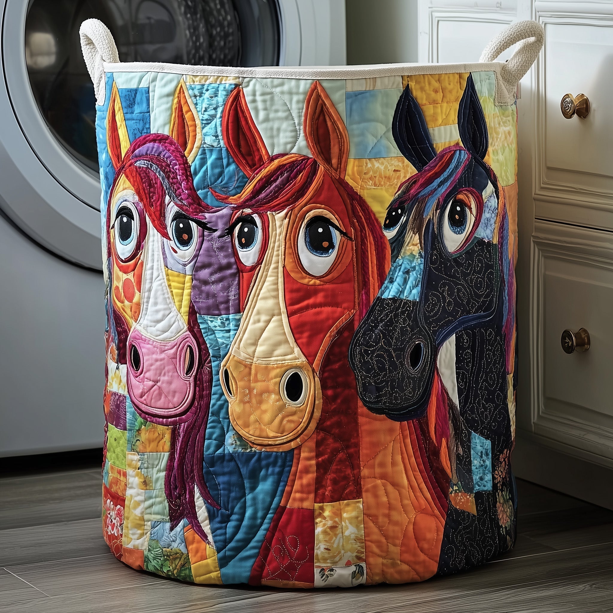 Crazy Horses Quilted Laundry Basket Whimsical Horse Patchwork Storage Hamper Meaningful Gifts