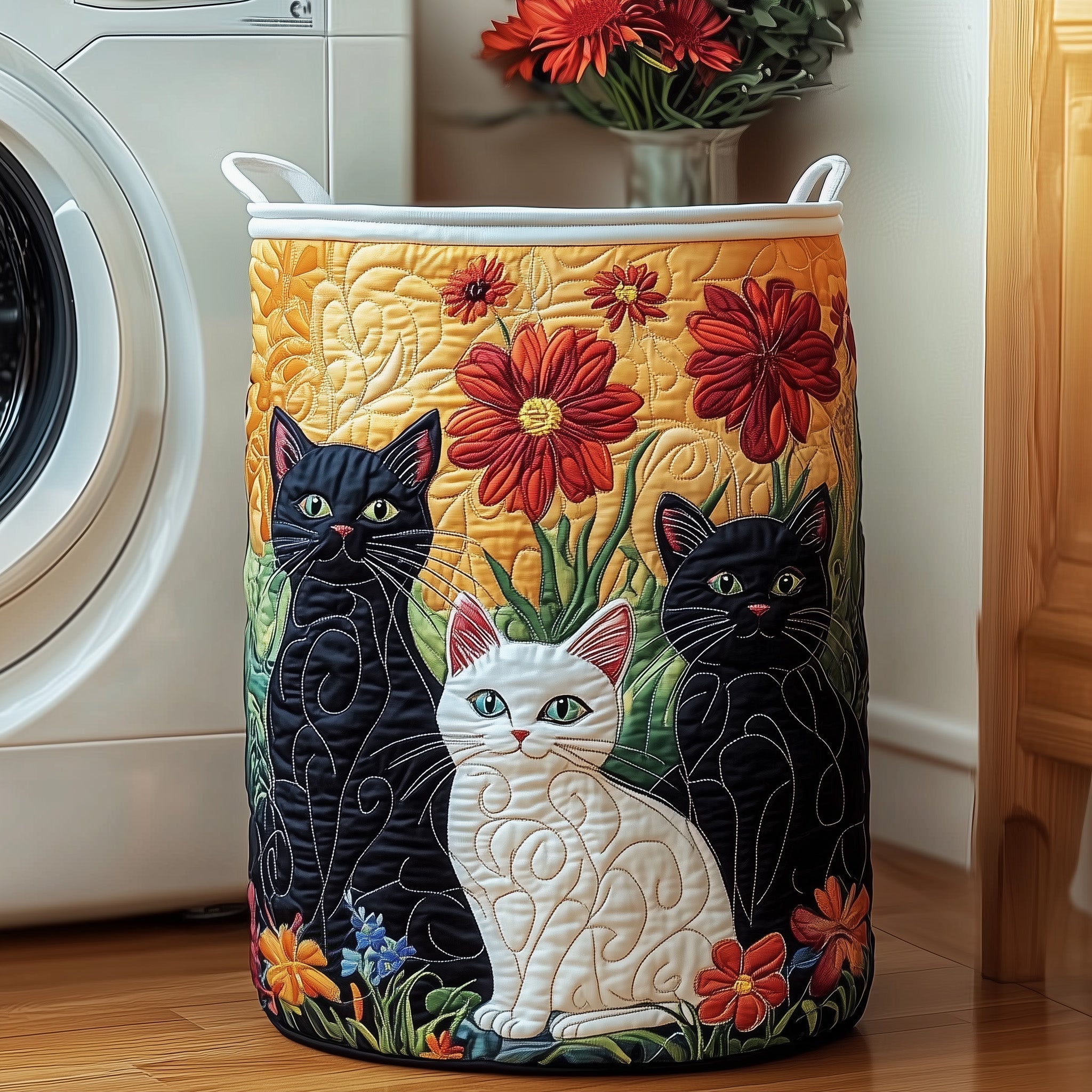 Floral Cat Garden Quilted Laundry Basket Cat Lover Clothes Hamper Cute Room Decor