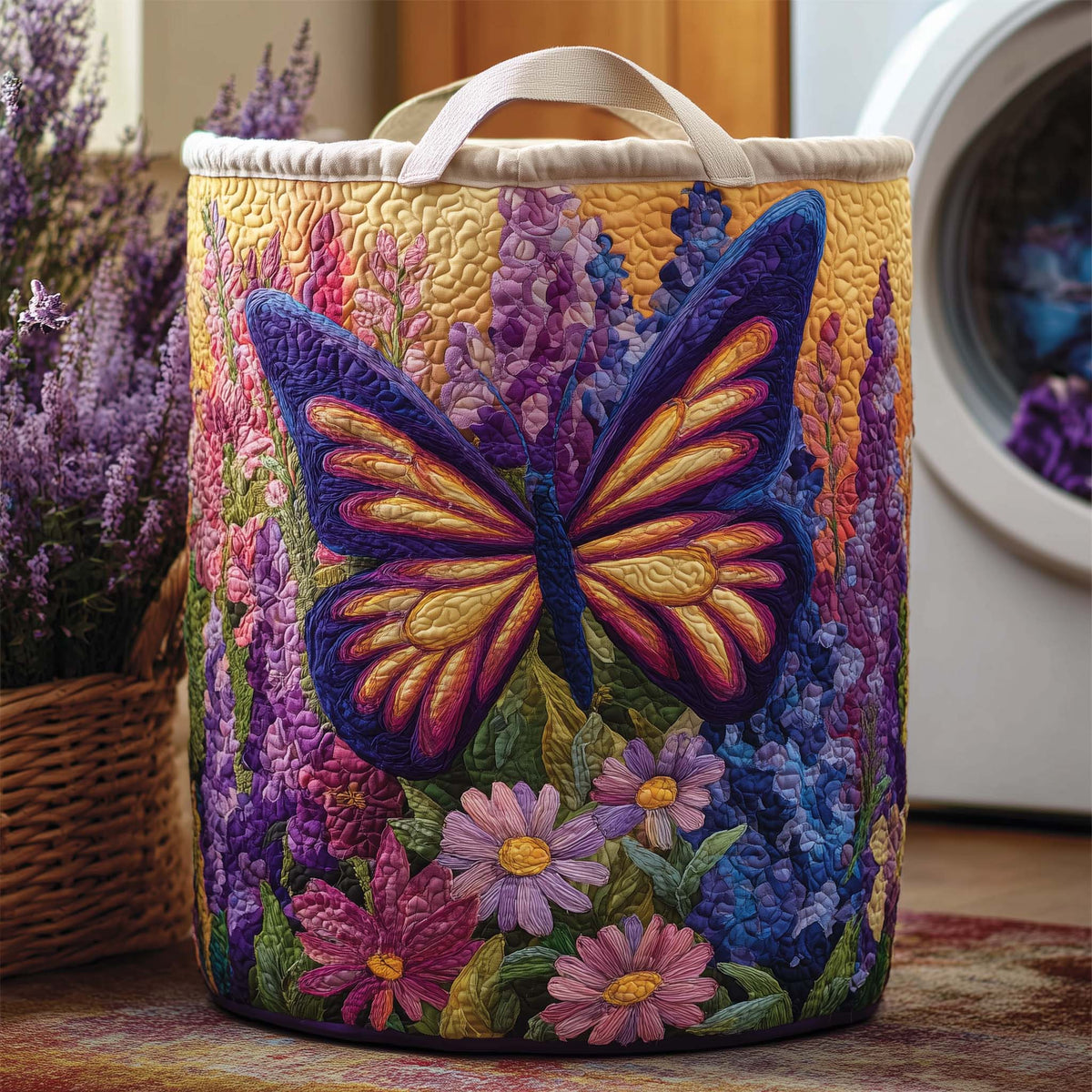 Butterfly Garden Quilted Laundry Basket Butterfly Floral Clothes Hamper Home Gifts For Wife