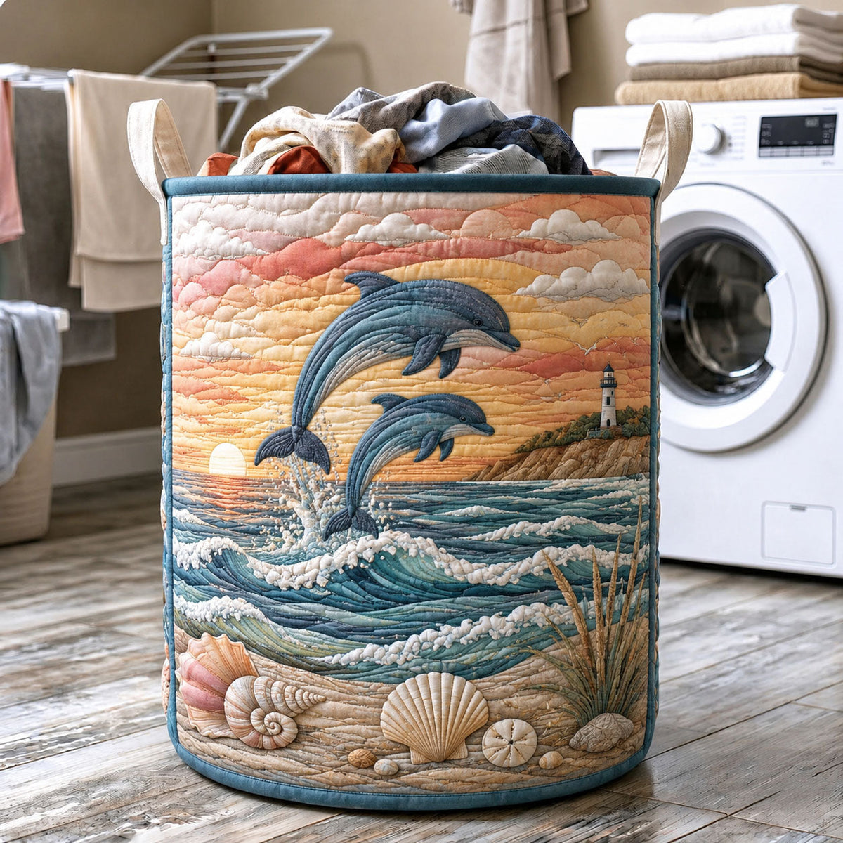Dolphin Sunset Quilted Laundry Basket Dolphin Lover Laundry Hamper Cute Room Decor Gifts