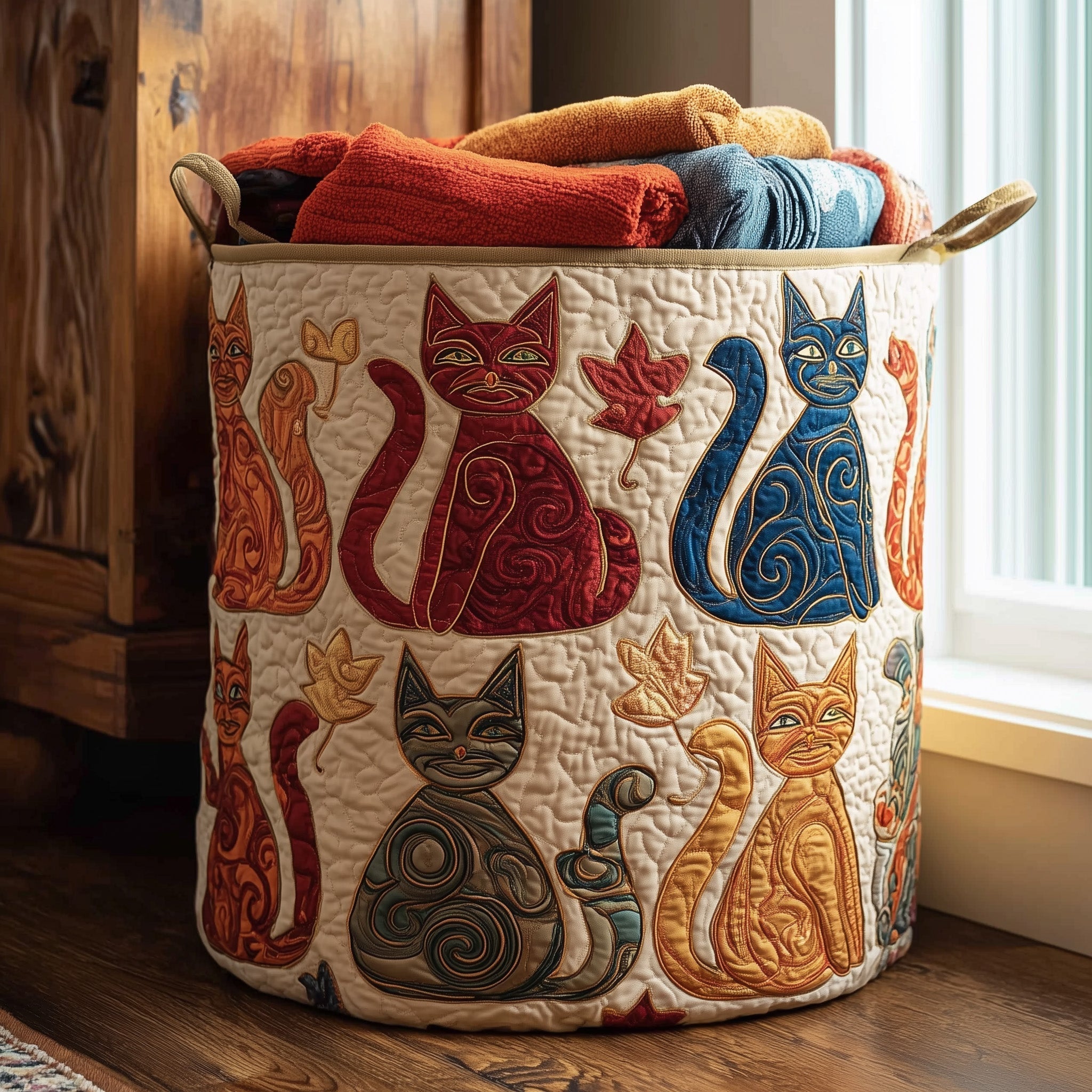 Feline Autumn Quilted Laundry Basket Cat Lover Clothes Hamper Home Decor Gift Ideas