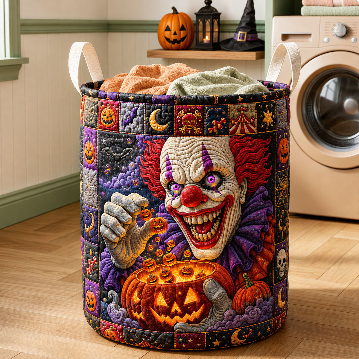 Creepy Clown Halloween Quilted Laundry Basket Clown Pumpkin Patch Laundry Hamper Cool Gift