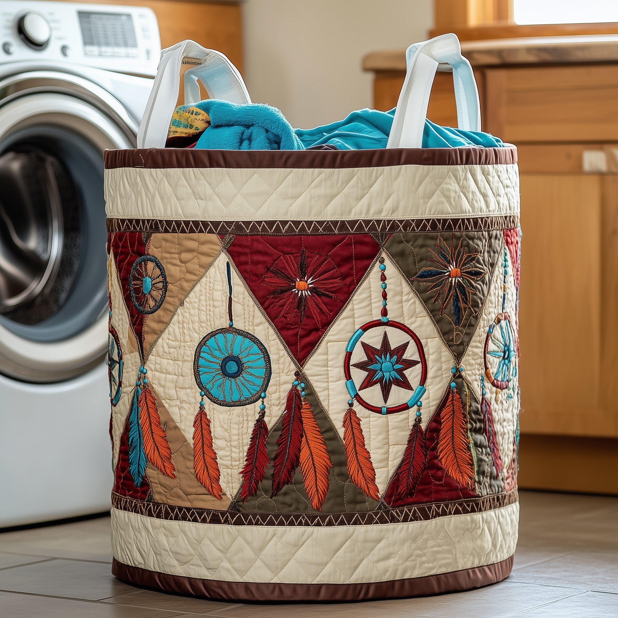 Dreamcatcher Feathers Quilted Laundry Basket Native American Laundry Bin Cozy Gift