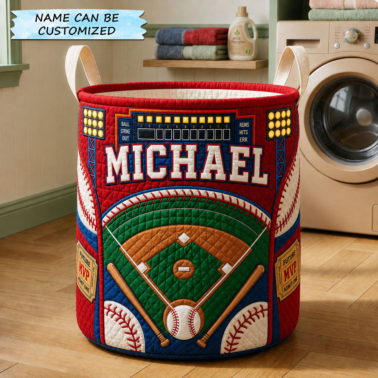 Custom Name Baseball Field Quilted Laundry Basket Baseball Lover Storage Basket Home Decor Gifts