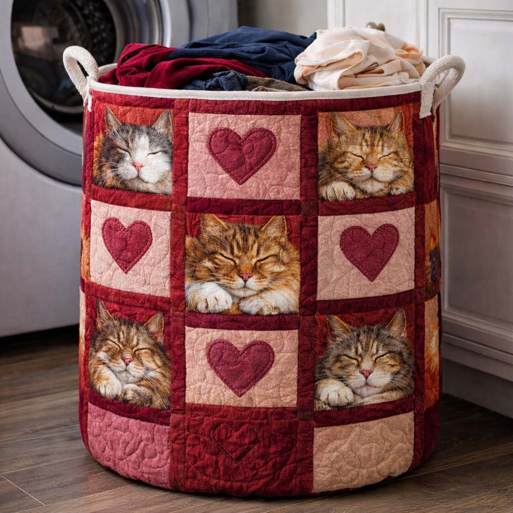 Cozy Cat Quilted Laundry Basket Cat Lover Clothes Hamper Gift For Living Room
