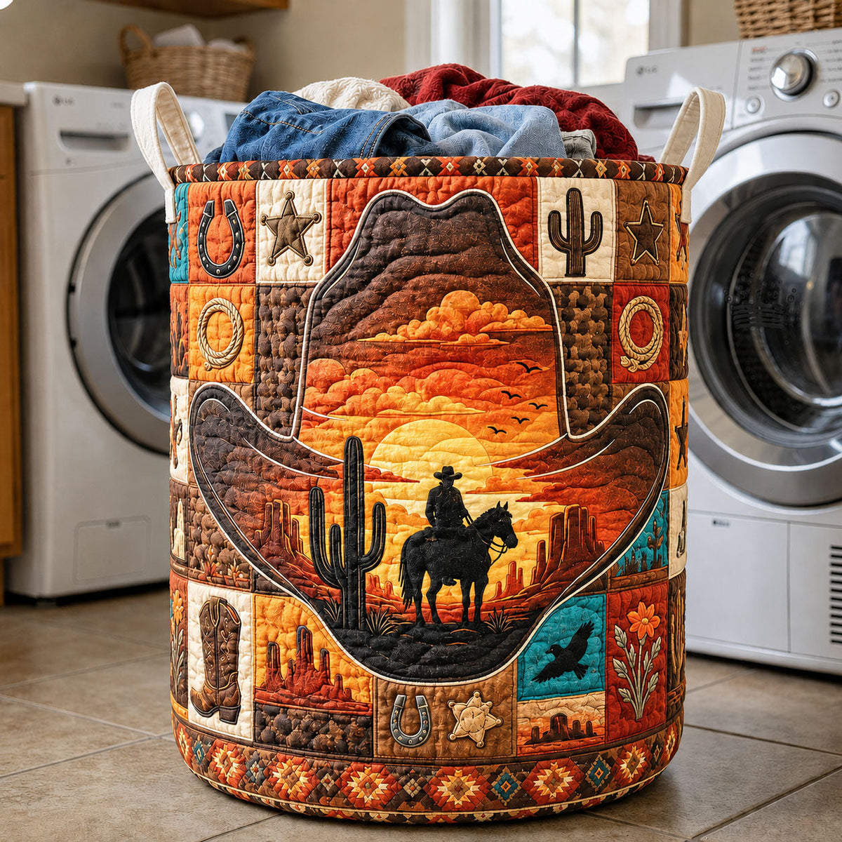 Cowboy Sunset Quilted Laundry Basket Cowboy Sunset Clothes Hamper Best Home Decor Gifts