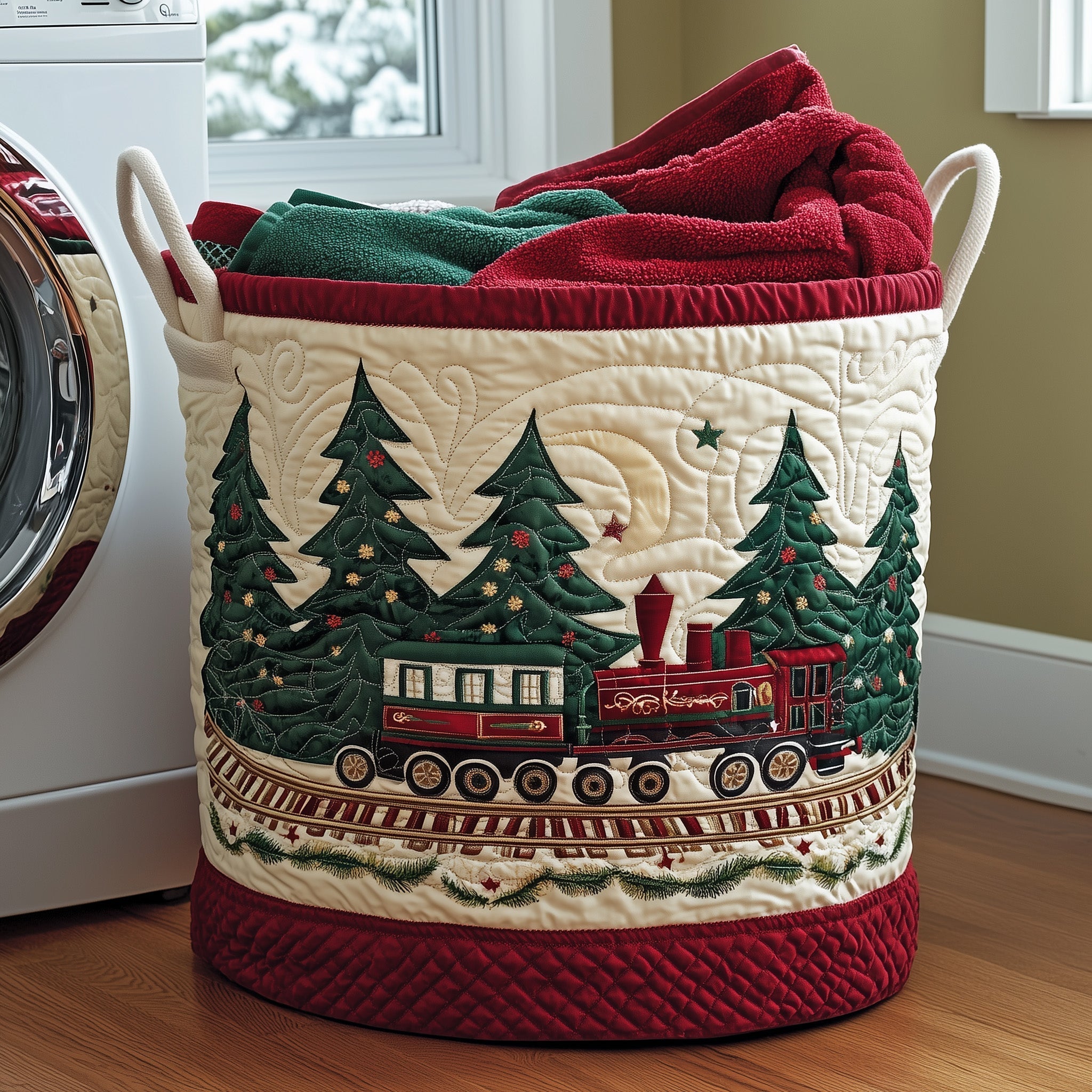 Christmas Train Scene Quilted Laundry Basket Holiday Express Christmas Tree Laundry Bin Gifts