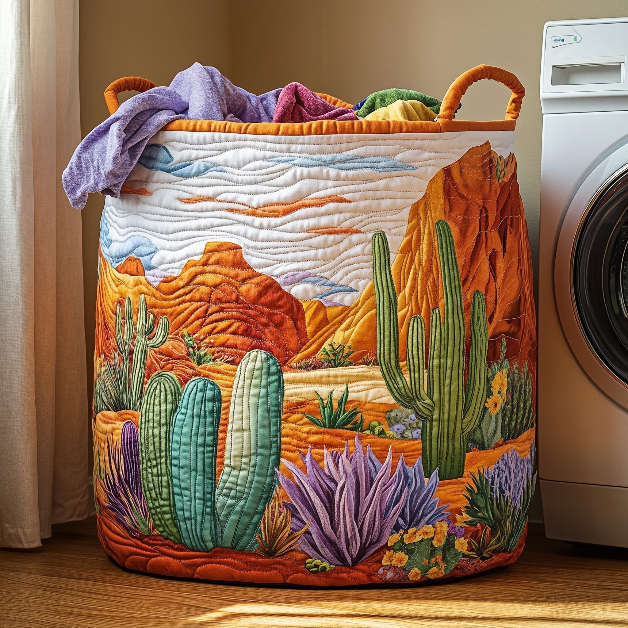 Desert Landscape Quilted Laundry Basket Cactus Desert Clothes Hamper Gift For Her Room Decor