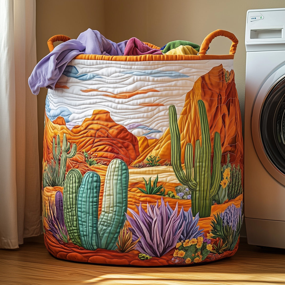 Desert Landscape Quilted Laundry Basket Cactus Desert Clothes Hamper Gift For Her Room Decor