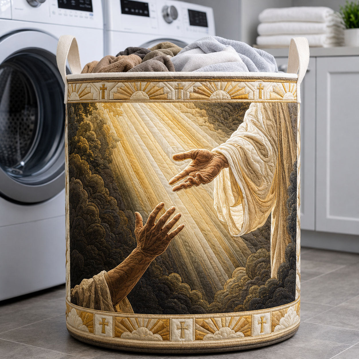 Divine Helping Hand Quilted Laundry Basket Jesus Helping Laundry Bin Cute Room Decor