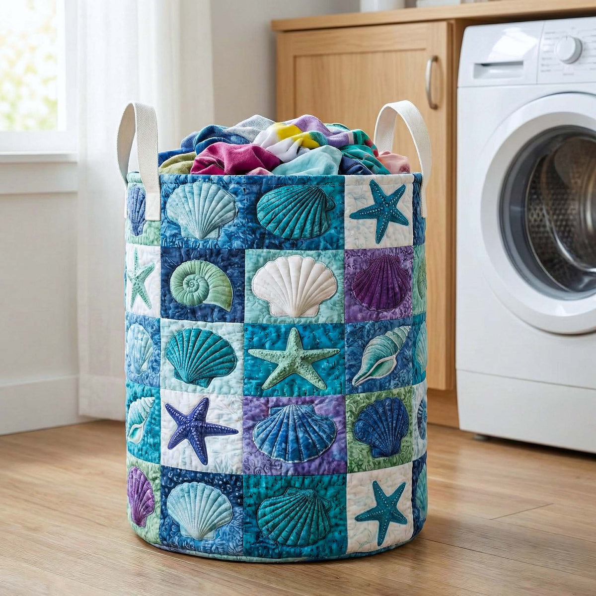 Coastal Seashells Quilted Laundry Basket Seashell Patchwork Laundry Bin Unique Home Decor Finds