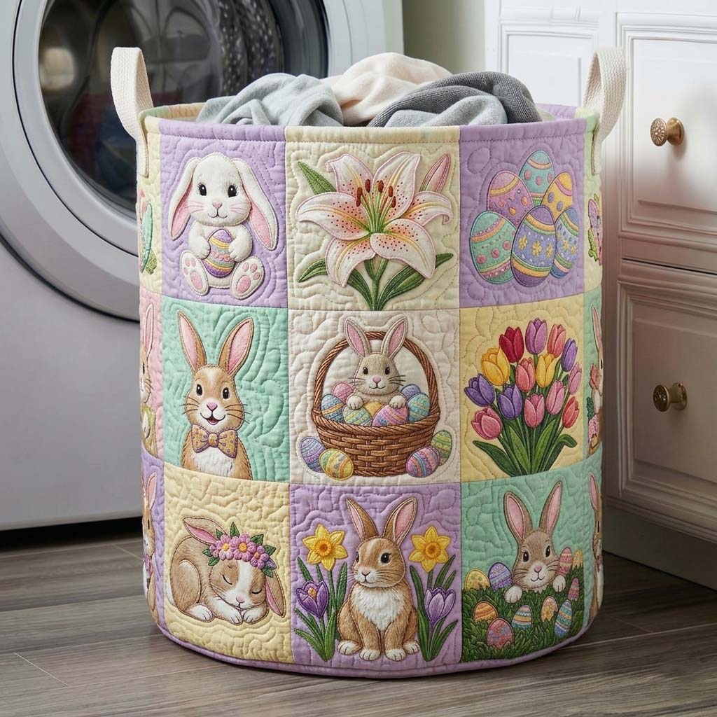 Easter Bunny Garden Quilted Laundry Basket Bunny Lover Hamper Unique Decor Gift