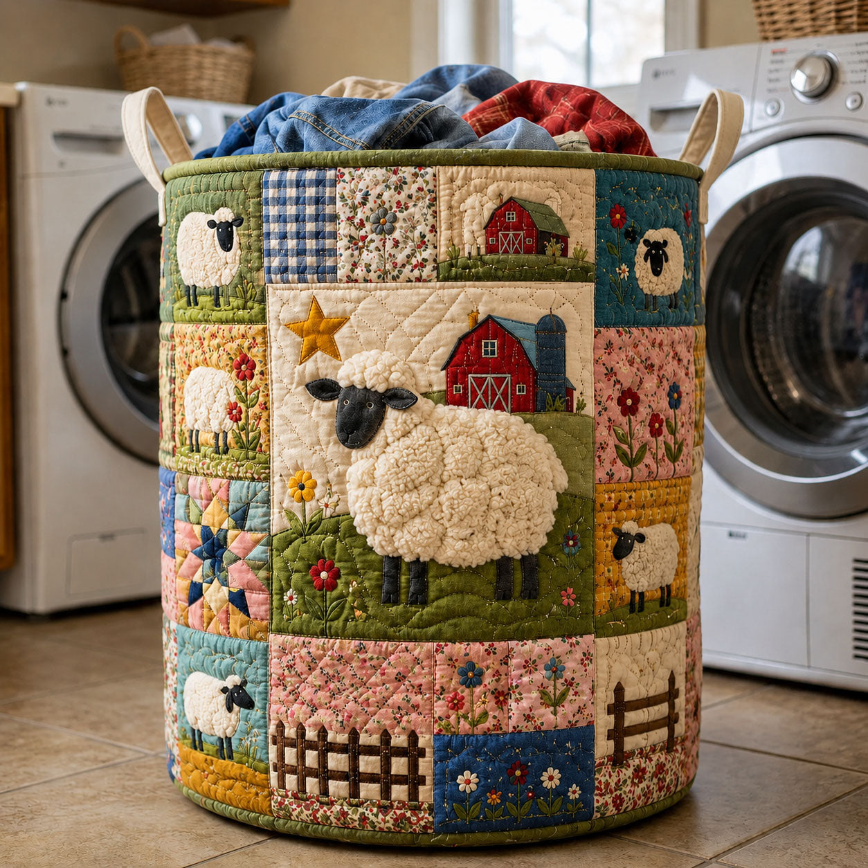Farmstead Sheep Quilted Laundry Basket Sheep Lover Hamper Elegant Home Decor Gifts For Her