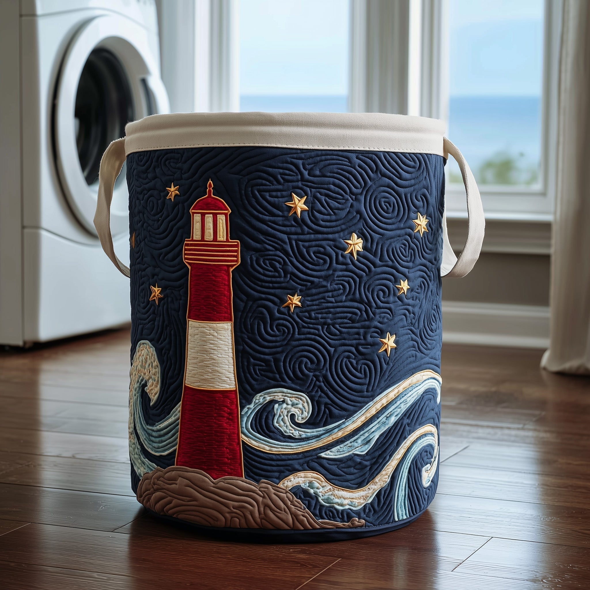 Coastal Lighthouse Quilted Laundry Basket Lighthouse And Waves Laundry Hamper Home Gift