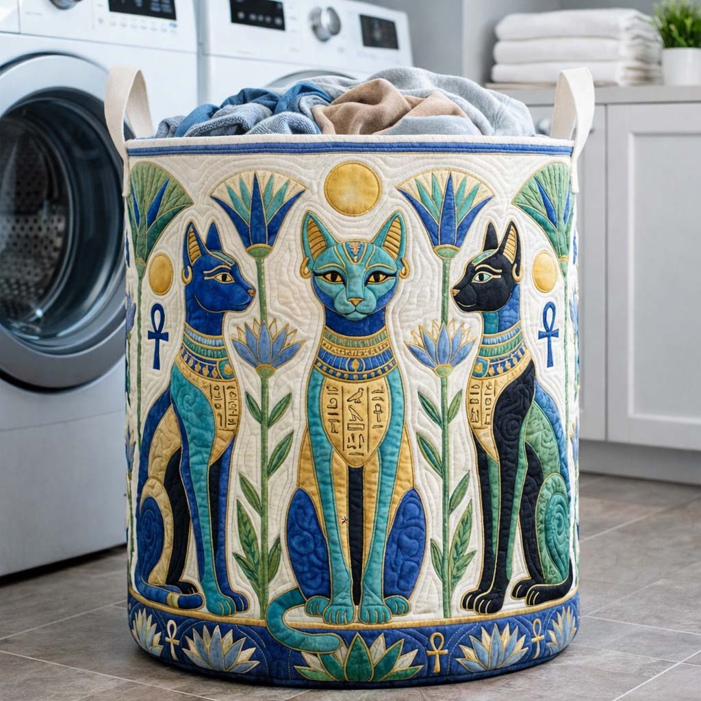 Egyptian Cat Quilted Laundry Basket Cat Lover Hamper Gift For Her Room Decor