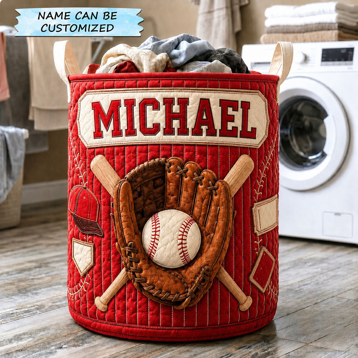 Custom Name Baseball Gear Quilted Laundry Basket Baseball Lover Clothes Hamper Gift For Sister