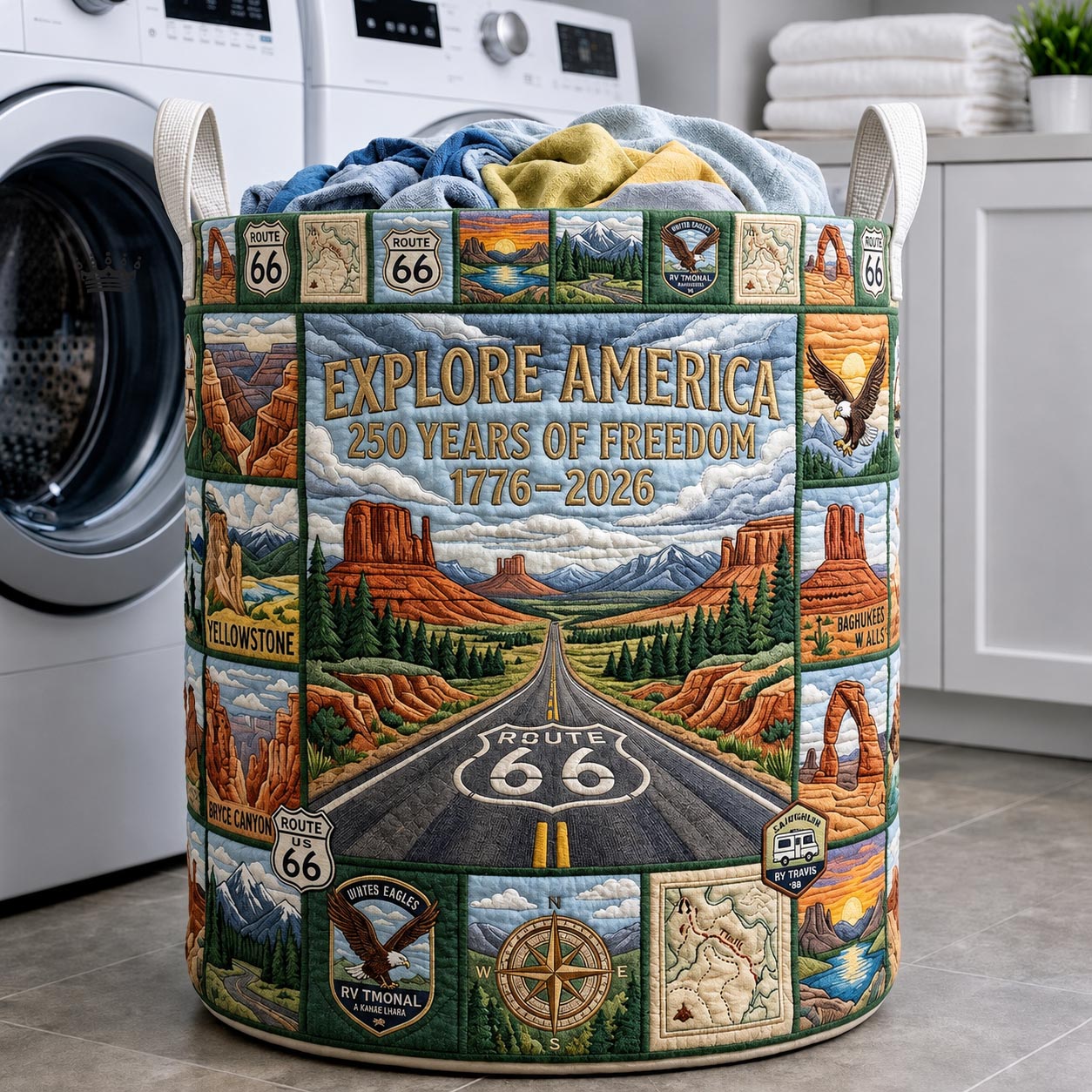 Explore America 250 Years Of Freedom Quilted Laundry Basket Route 66 Hamper Present