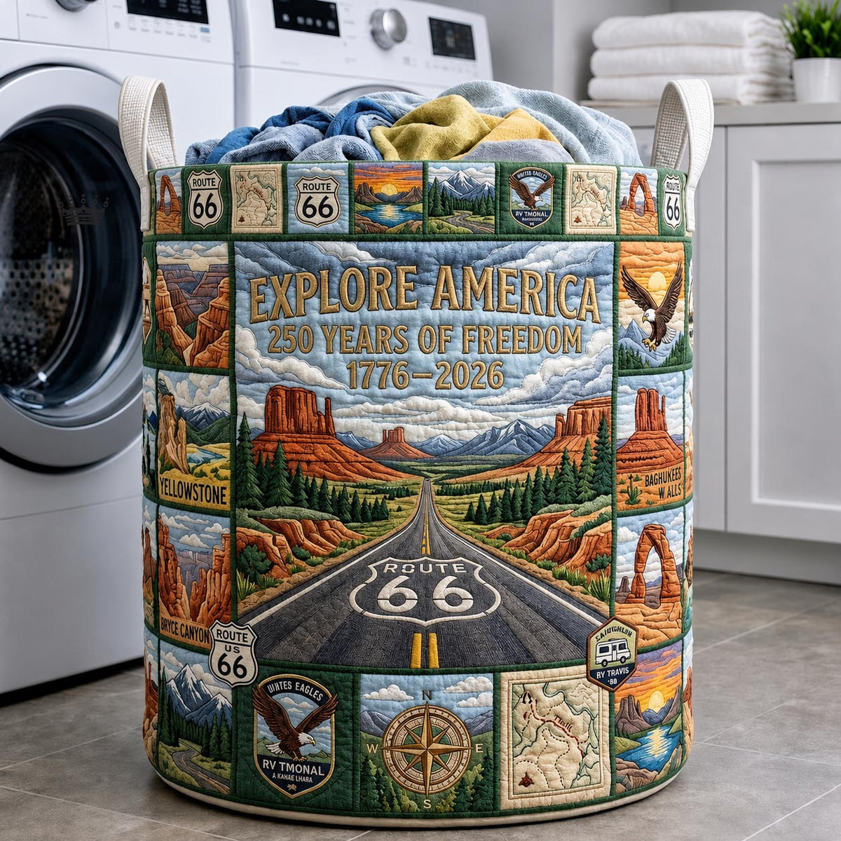 Explore America 250 Years Of Freedom Quilted Laundry Basket Route 66 Hamper Present