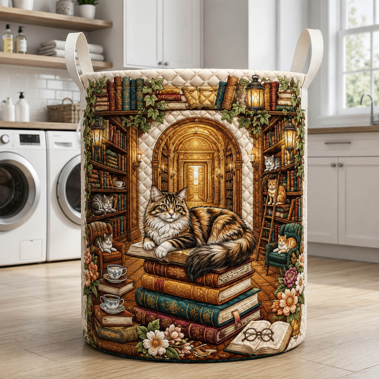 Cozy Cat Library Quilted Laundry Basket Cat Lover Storage Basket Home Gifts For Sister