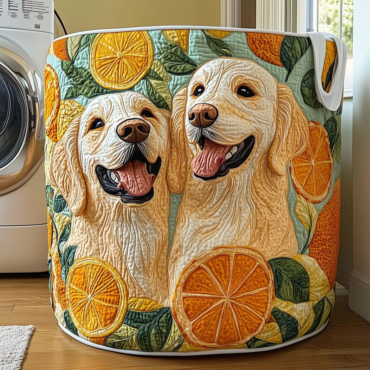 Citrus Dog Duo Quilted Laundry Basket Golden Retriever Lover Hamper Gift For Home Decorators