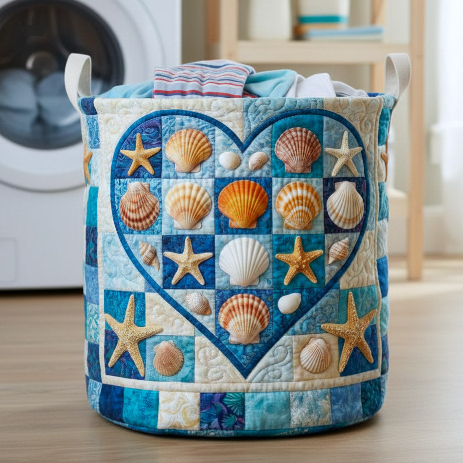 Coastal Heart Quilted Laundry Basket Floral Seashell Laundry Bin Home Lover Gift Ideas