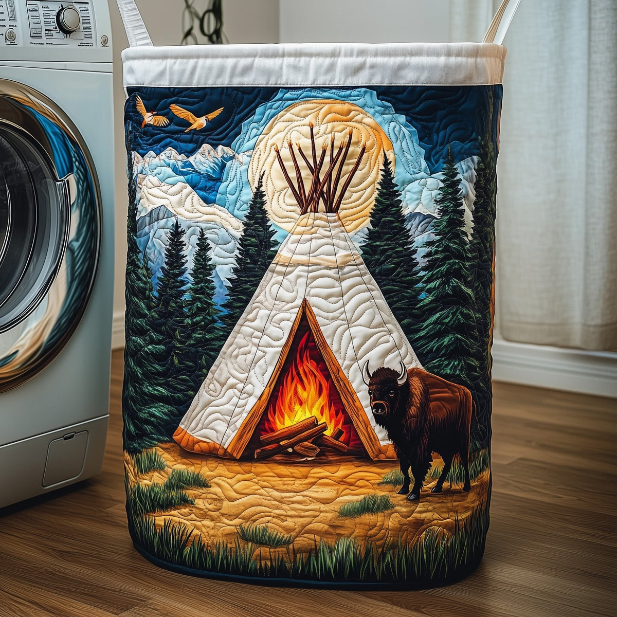 Mountain Campfire Quilted Laundry Basket Bison Camp Laundry Hamper Cozy Gift