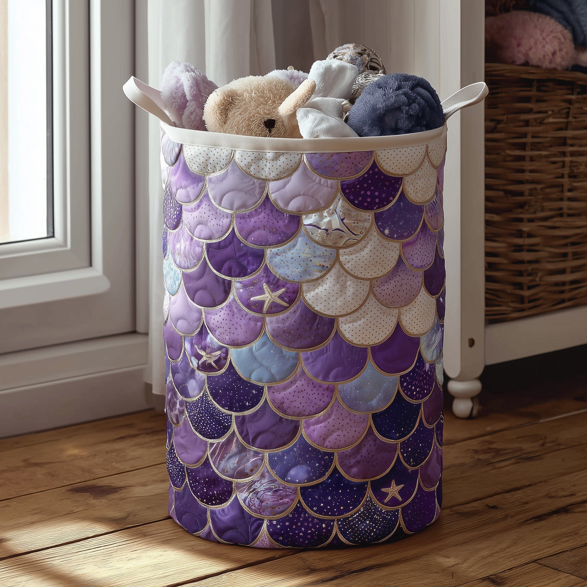 Mermaid Scales Quilted Laundry Basket Mermaid Starfish Storage Basket Pretty Room Decor For Her