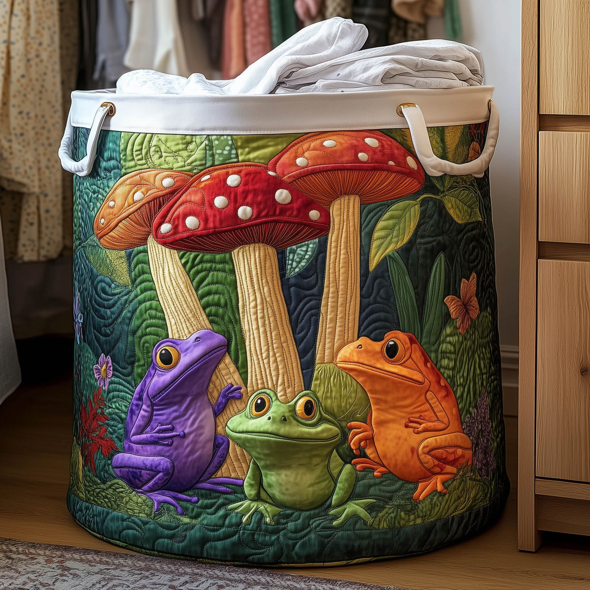 Mushroom Forest Frogs Quilted Laundry Basket Frog Lover Laundry Bin Top Decor Gift