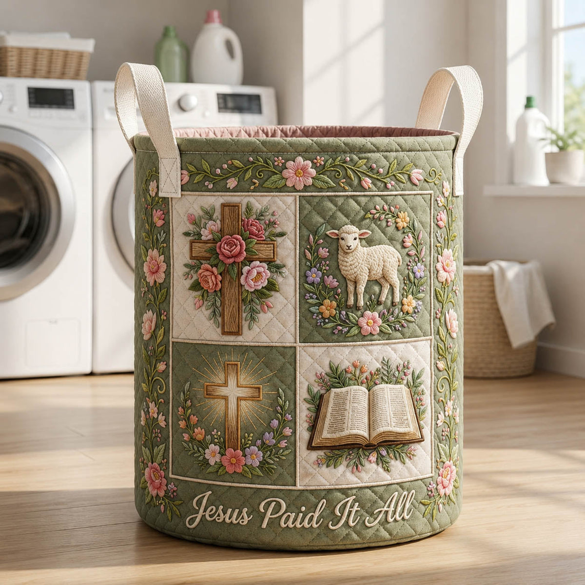Jesus Paid It All Quilted Laundry Basket Lamb Lover Storage Basket Thoughtful Home Gifts For Mom