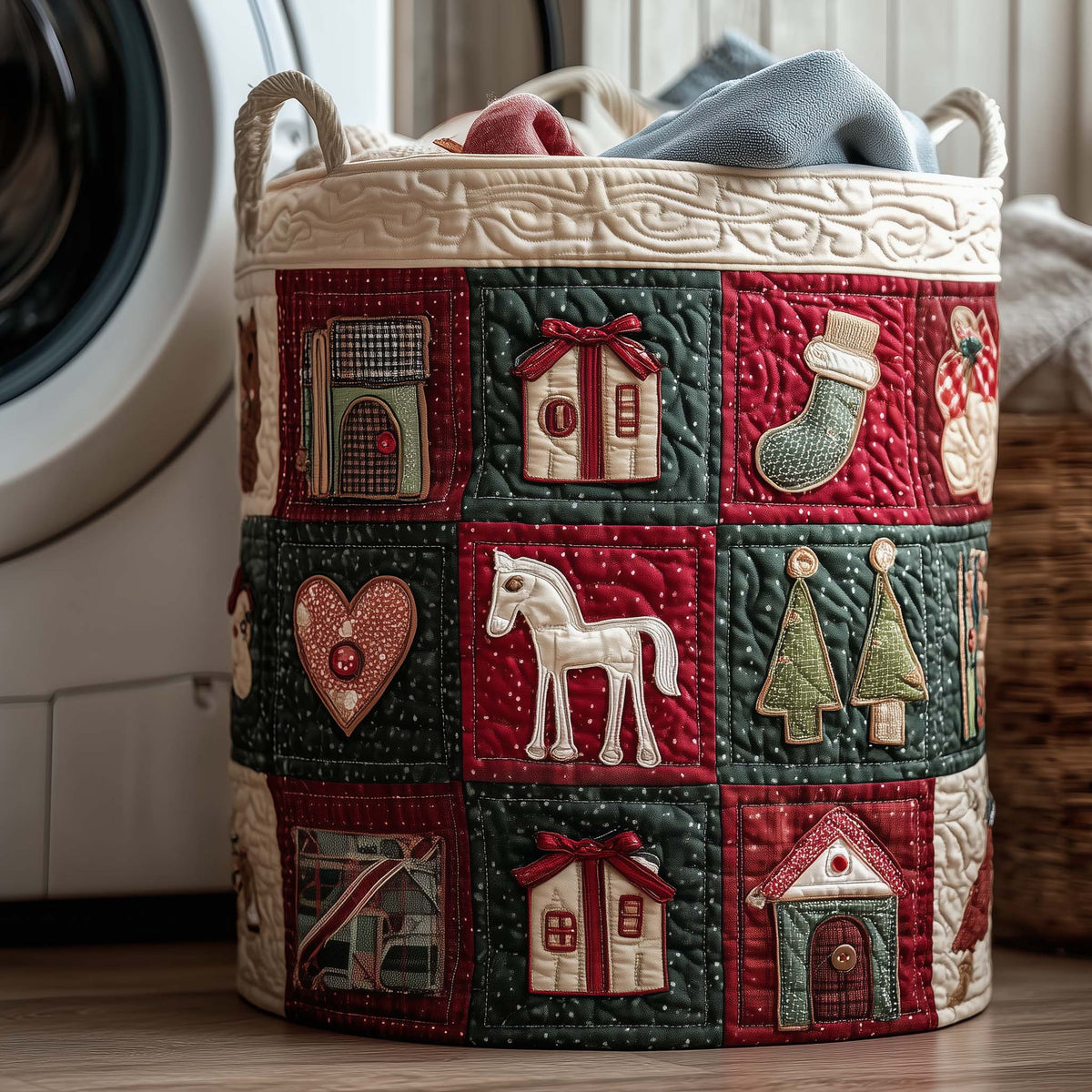 Holiday Patchwork Quilted Laundry Basket Christmas Horse Clothes Hamper House Lover Gift Ideas