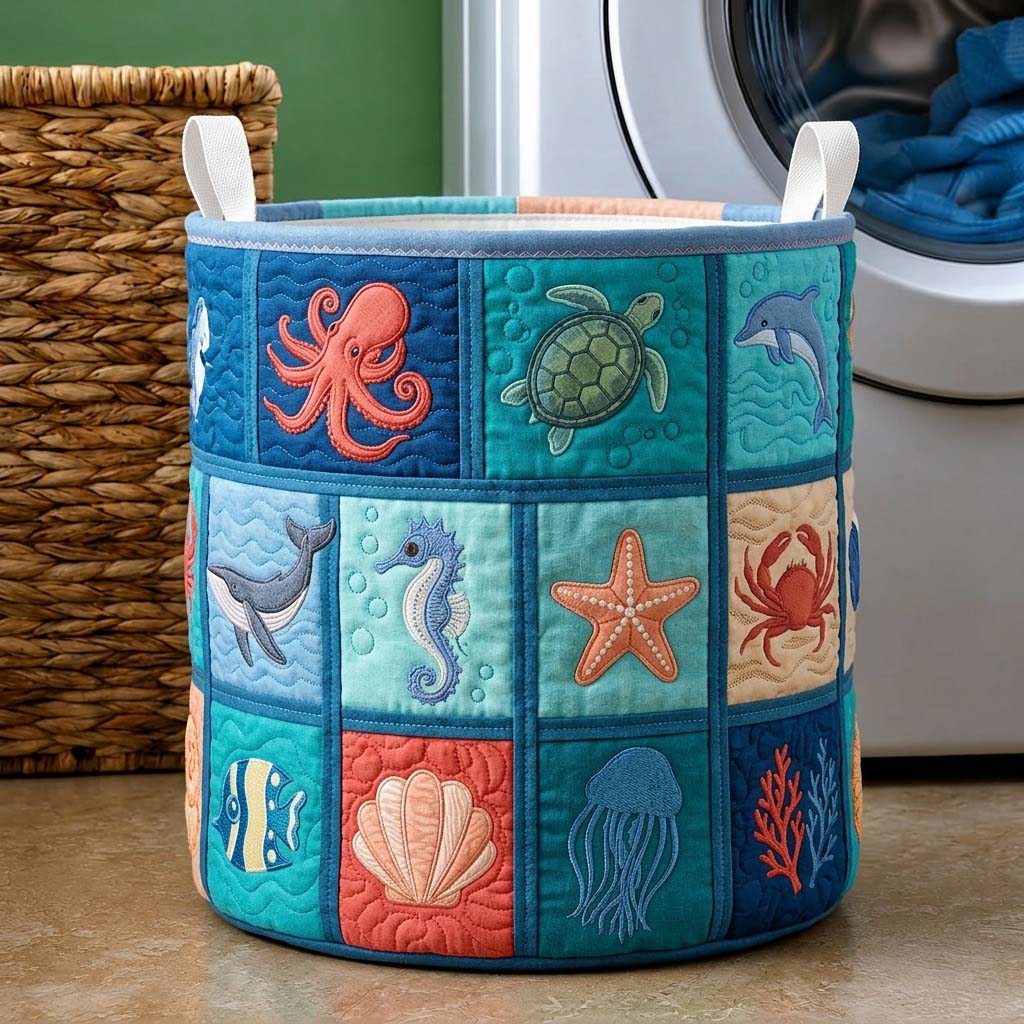 Ocean Wonders Quilted Laundry Basket Coastal Whale Storage Basket Gift For Her