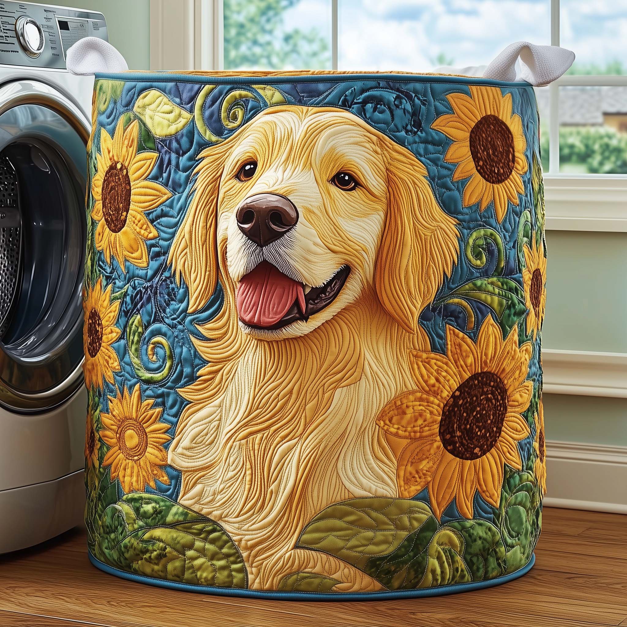 Golden Retriever Sunflowers Quilted Laundry Basket Dog Lover Storage Basket Gifts For New Homes
