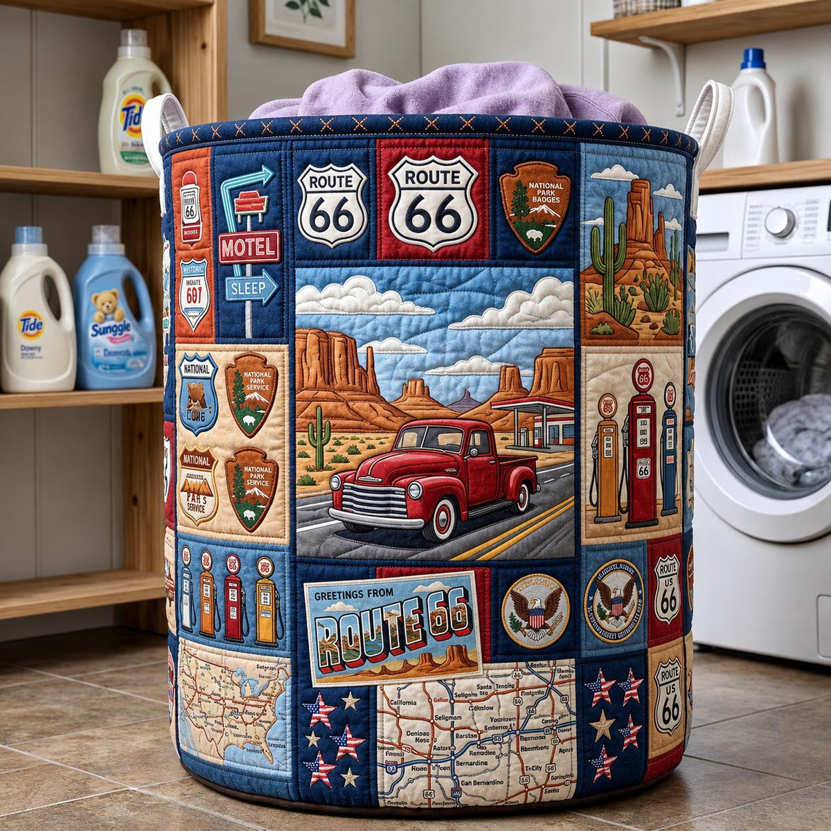 Greetings From Route 66 Quilted Laundry Basket Classic Truck Laundry Bin Cute Room Decor