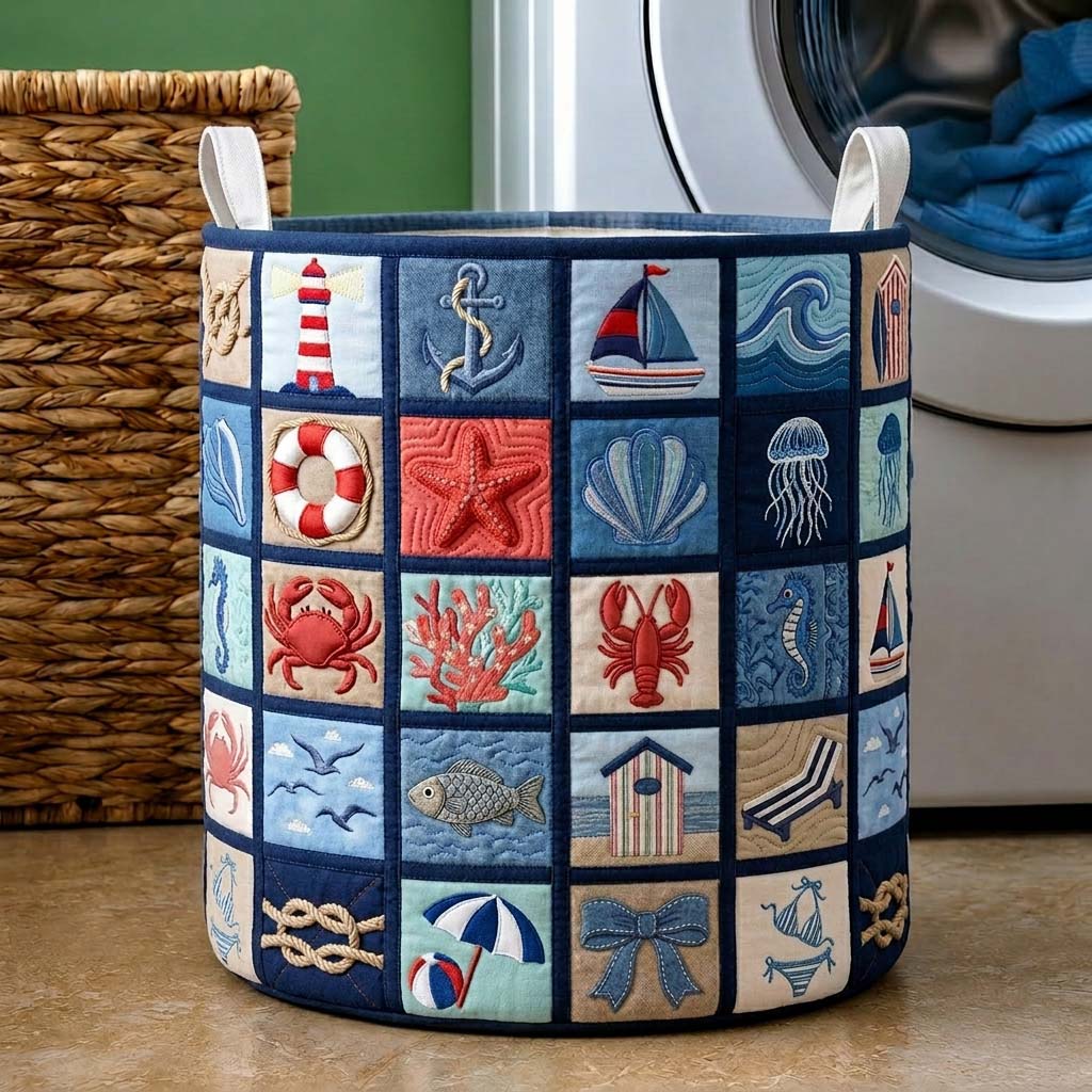 Nautical Journey Quilted Laundry Basket Beach Lover Laundry Bin Gift For Sailing Enthusiast