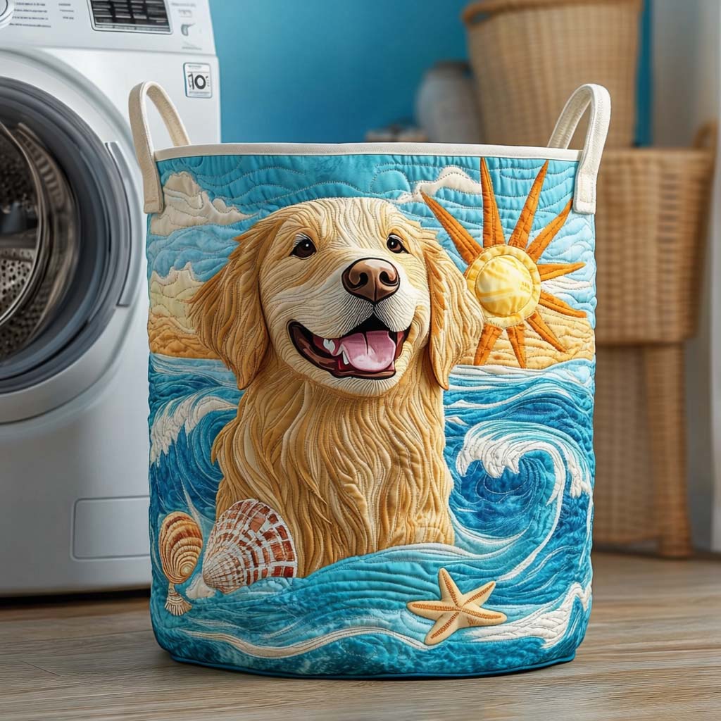 Golden Retriever Beach Quilted Laundry Basket Dog Lover Storage Basket Ideas Gift