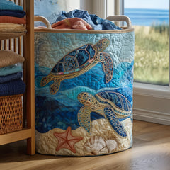 Oceanic Turtle Scene Quilted Laundry Basket Turtle Lover Hamper Pretty Room Decor For Her