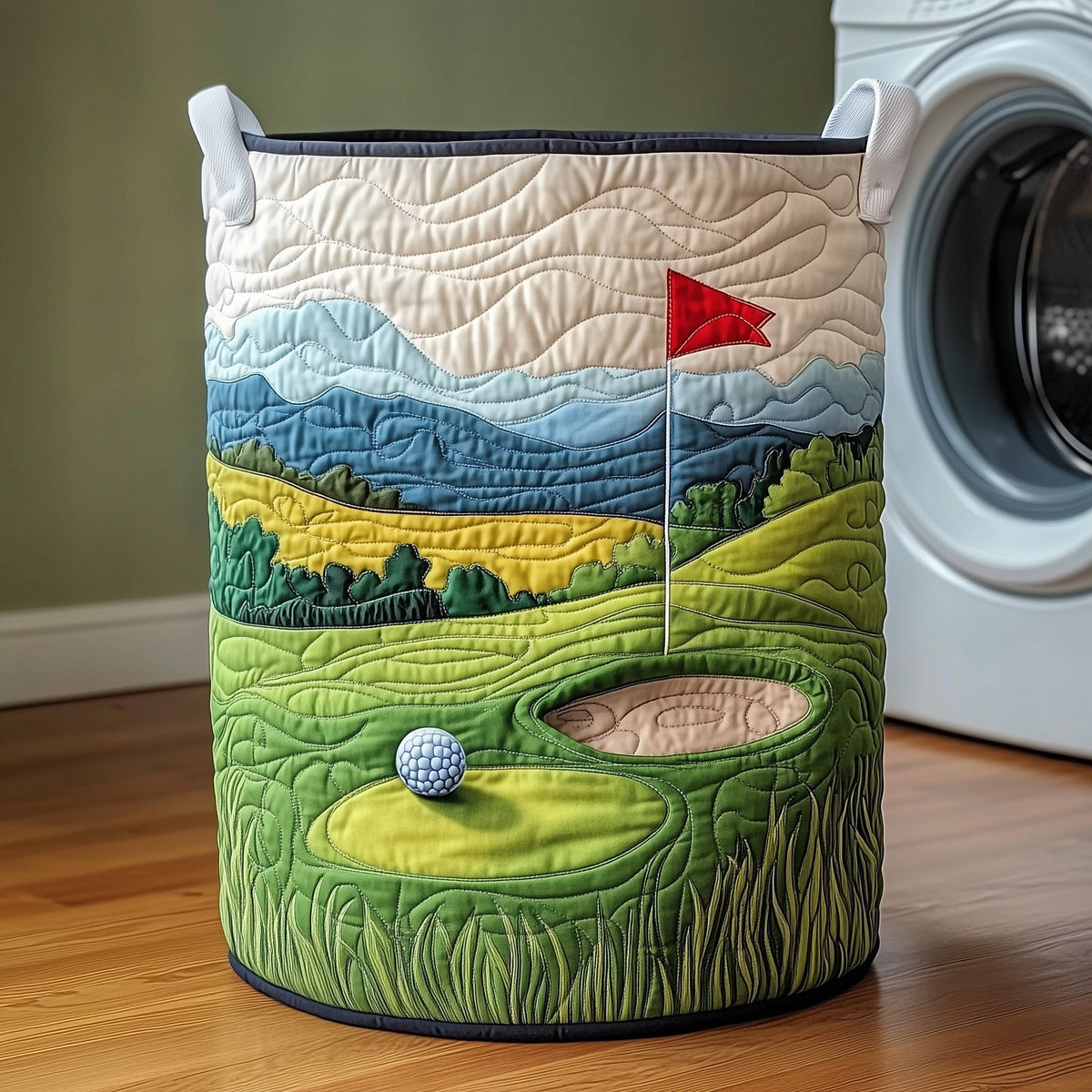 Golf Course Landscape Quilted Laundry Basket Golf Ball Clothes Hamper Room Gift