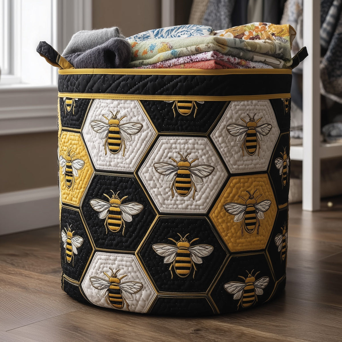 Honeybee Honeycomb Quilted Laundry Basket Bee Lover Hamper Unique Gift