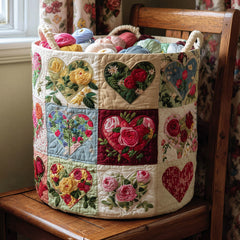 Heart Garden Quilted Laundry Basket Floral Heart Patchwork Laundry Hamper New Gift